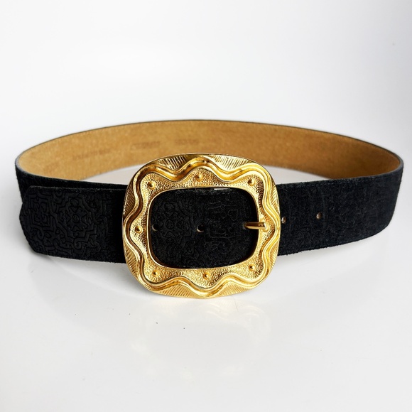 Cipriani Wide Leather Belt Textured Leather Gold Abstract Buckle Retro 90s Sz M main image 6